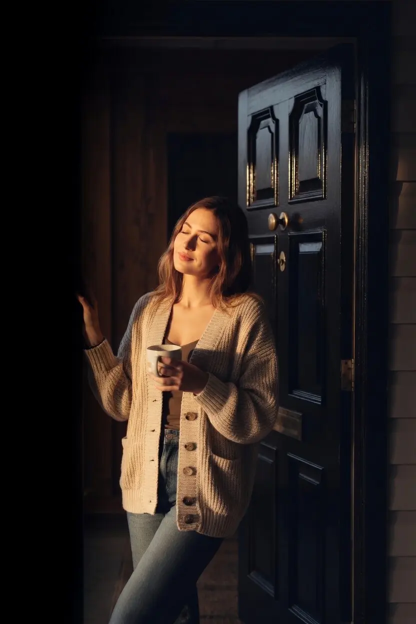 Woman standing peacefully in an open doorway with morning light and coffee, protected by scOS
