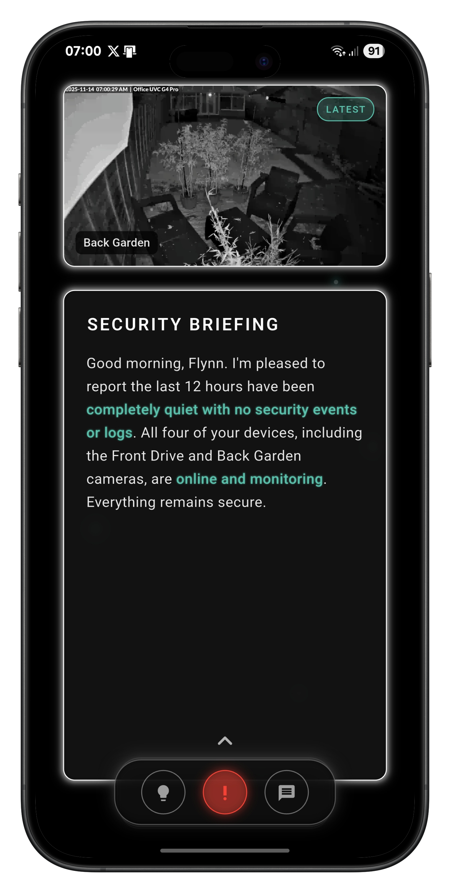 Security briefing on iPhone showing all systems online and completely quiet overnight